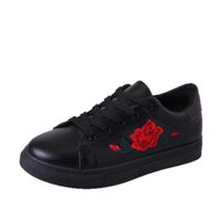 Hemlock Teen Lace Up Flat Shoes, Women Running Sneakers Sports Outdoors Shoes Embroidery Flower Shoes (US:6.5, Black)