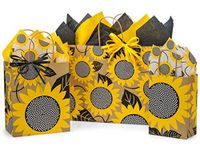 Gift Bags with Tissue Paper - Assorted Sizes with Coordinating Tissue Paper and Raffia Ribbon (Sunflower Fields)