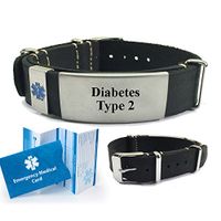 Diabetes Type 2 Top Grain Leather NATO Style Medical Alert ID Bracelet. Choose Color!