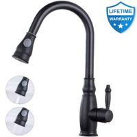 Kitchen Faucets with Pullout Sprayer, Lead-Free Black Commercial Solid Brass Single Handle Lever Sink Faucets with Pull Down Sprayer