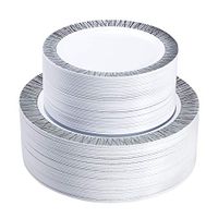 Select Settings 100 pc. Disposable Plastic Plates 50 Dinner Plates & 50 salad Plates Disposable Plate Combo Sets (X-Design Silver Plates)