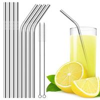 Stainless Steel Metal Eco-Friendly Reusable Set of Premium 10.5 IN long Dishwasher Safe Drinking Straws + Cleaning Brush (4 Curved 4 Straight Straws + 2 Brushes)