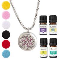 mEssentials Flower of Life Essential Oil Diffuser Necklace Stainless Steel Locket Pendant with 24" Chain+ 4 Essential Oils (Lavender, Peppermint, Inner Calm, Zen) Gift Set