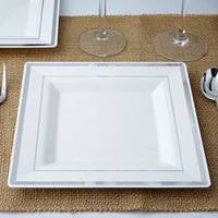BalsaCircle 20 pcs 8-Inch White with Silver Trim Plastic Square Plates - Disposable Wedding Party Catering Tableware