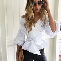 Meolin Women Sexy V-neck Long Sleeve Strapless Cross-strap Blouse Shirt Top,white,L