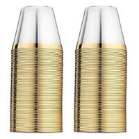 Gold Plastic Cups ~ 100 Heavy Duty Elegant Party Cups ~ Fancy Gold Rimmed Clear Old Fashion Tumblers ~ Recyclable and Disposable Wedding Cups