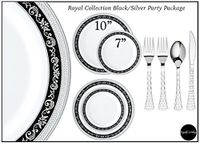 Royalty Settings Royal Collection Disposable Plastic Plates for Parties for 80 Persons, Includes 80 Dinner Plates, 80 Salad Plates, 160 Forks, 80 Spoons, 80 Knives, Black and Silver Rim