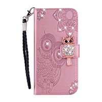 Cfrau Diamond Kickstand Case with Black Stylus for Samsung Galaxy A60,Luxury Embossed Crystal 3D Owl Flower Bling Glitter Wallet PU Leather Shockproof Soft TPU Wrist String Case - Rose Gold