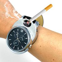ArcWatch Men’s Stylish Flameless Windproof USB Cigarette Lighter/Watch | Tesla Arc Ignition | Quartz Timepiece (Black Leather Strap, Silver Bezel)