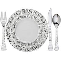 Tiger Chef Heavy Duty Silver Hammered Rim Disposable Party Supplies Set Service For 60 Guests Includes 60 10.25" Dinner Plates 60 7.5" Plates 60 Cutlery Sets Forks Spoons Knives BPA-Free 300-Pack