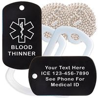 Custom 2 Pack - Blood Thinner Medical Alert ID Necklaces with Black Custom Tags, White Silencers, and 30'' USA Chains
