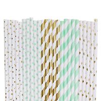Twinkle Twinkle Little Star Paper Straws (gold foil small star,mint green small polka dot,gold foil stripe,mint green stripe,gold foil star, 100)