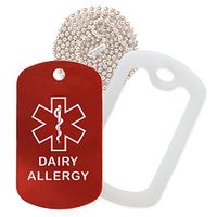 Dairy Allergy Medical Alert ID Necklace with Red Tag, Clear Silencer, and 30'' USA Chain - 154 Color Choices