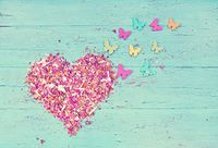 Laeacco Mother's Day Photography Background 7x5ft Love Heart Blutterflies Flowers Petals on Blue Wooden Background Flakingl Vintage Rusty Countryside Style Spring Nature