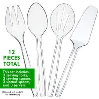 Plasticpro Disposable Plastic Serving Utensils Set of 12 3 Spoons, 3 Forks 3 Knives, 3 Sifting Spoons, Clear Heavyweight