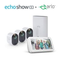 Arlo Ultra - 4K UHD Wire-Free Security 3 Camera System | Indoor/Outdoor Security Cameras with Echo Show 5 (Sandstone)