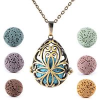 Bivei Aromatherapy Essential Oil Lava Stone Diffuser Necklace Pendant Bronze Vintage Locket Necklace With 7 Lava Beads(Oval)