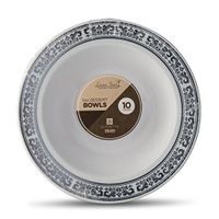 [10 Count - 5 Oz Bowls] Laura Stein Designer Tableware Premium Heavyweight Plastic White Dessert Bowl With Silver Designed Border, Party & Wedding Plate Serviette Series Disposable Dishes