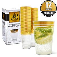 12 oz, 340ml Gold Rimmed Plastic Drinking Cups - 100 Pack - Printed Gold Foil Rims - Stylish, Sleek, Luxurious, Trendy, Quality, Design - Unique Pattern - Single Thick Band, Two Thin Bands