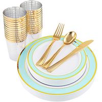 NERVURE 25 Guest Gold Plastic Plates with Gold Silverware,Disposable Cups-Include 25 Dinner Plates, 25 Dessert Plates, 25 Forks, 25 Knives, 25 Spoons & 10 oz Plastic Cups (Mint)