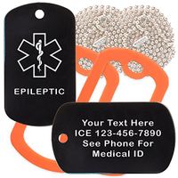 Custom 2 Pack - Epileptic Medical Alert ID Necklaces with Black Custom Tags, Orange Silencers, and 30'' USA Chains