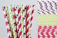Hot Pink, Purple, Lime Green Paper Straw Mix - Striped and Polka Dots (50)
