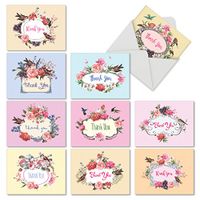 Birds and Blossoms - 10 Boxed Thank You Note Cards with Envelopes (4 x 5.12 Inch) - Assorted Roses and Birds, Formal Gratitude Stationery M6577TYB
