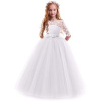 IBTOM CASTLE Spring Flower Girl Wedding Bridesmaid 3/4 Sleeves Kids Floral Lace Pageant Communion Princess Dress Prom Evening Dance Gown White 3-4 Years