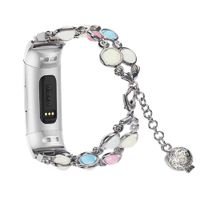 KuToo Compatible with Fitbit Charge 3 Bands/Charge 3 SE Bands, Women/Girls Adjustable Stainless Steel Wristband Light Luminous Pearl Bracelet with Essential Oil/Perfume Storage Pendant (Silver)