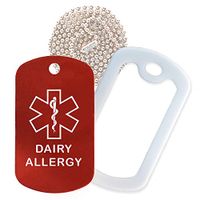 Dairy Allergy Medical Alert ID Necklace with Red Tag, White Silencer, and 30'' USA Chain - 154 Color Choices