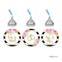 Andaz Press Floral Gold Glitter Print Wedding Collection, Chocolate Drop Label Stickers Trio, 216-Pack, Fits Hershey's Kisses Party Favors