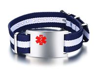 Mealguet Jewelry Free Engraving-Stainless Steel Medical Alert NATO Nylon Blue White Strap Adjustable ID Bracelets for Men Women
