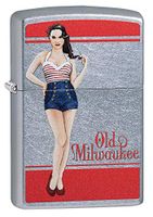 Zippo Old Milwaukee Pinup Girl Street Chrome Pocket Lighter, Street Chrome Old Milwaukee