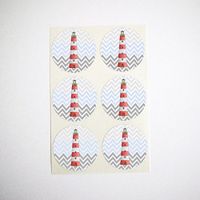 Nautical Lighthouse Stickers with White and Gray Chevron Stripes by Once Upon Supplies, Circle Seals, Party Favor Labels and Cupcake Toppers for Summer Parties, 1.5 Inches, 30 Stickers