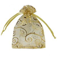 Ankirol 100pcs Sheer Organza Favor Bags for Wedding Baby Shower Rattan Print Gift Bags Samples Display Drawstring Pouches (5x7, Gold)