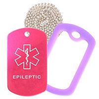 Epileptic Medical Alert ID Necklace with Pink Hot Tag, Purple Silencer, and 30'' USA Chain - 154 Color Choices
