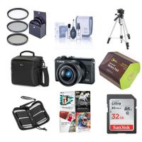Canon EOS M100 Mirrorless Camera with EF-M 15-45mm f/3.5-6.3 is STM Lens, Black - Bundle with 32GB SDHC Card, Camera Case, 49mm Filter kit, Spare Battery. Tripod, Software Package, and More