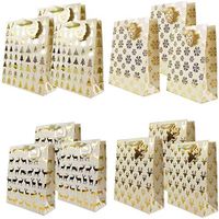 UNIQOOO 12Pcs Gold Metallic Christmas Gift Bags Bulk, Assorted Reindeer, Snowflake, Xmas Tree for Thanksgiving Holiday Presents Wrapping Stocking Stuffers New Year Party Favor, Large 12½ x10½x4 Inch