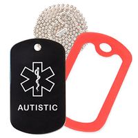 Autistic Medical Alert ID Necklace with Black Tag, Red Silencer, and 30'' USA Chain - 154 Color Choices