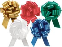 Pack Of 50, 2.5" Solid Christmas Assortment (White, Red, Holiday Gold, Royal Blue & Emerald Green) 100% Polypropylene Flora Satin Gift Pull Bows 14 Loops for gift baskets & gift packaging