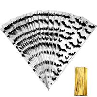 100 Counts Bat Spider Pumpkin Patterned Halloween Cone Cellophane Bags Treat Candy Bags with 100 Pieces Twist Ties for Halloween Christmas Party Favor (Color F)
