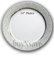 buyNsave Clear with Silver Heavyweight Plastic Elegant Disposable Plates, Wedding Party Elegant Dinnerware, Hammered Collection (40, 10.25" Dinner Plates)