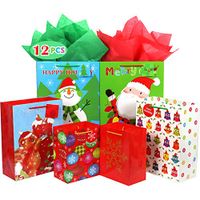Fzopo Christmas Gift Bags Bulk Set Includes 4 Extra Large 4 Large 4 Medium with Tags and Handles Christmas Print Gift Bags Assorted Sizes for Wrapping Holiday Gifts (Pack of 12)