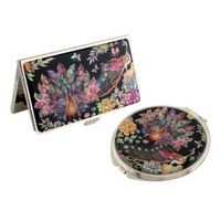 Antique Alive Mother of Pearl Peacock Design Business Credit Card Holder with Compact Mirror Set (B120)