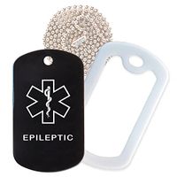 Epileptic Medical Alert ID Necklace with Black Tag, White Silencer, and 30'' USA Chain - 154 Color Choices