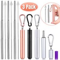 3 Pack Collapsible Reusable Metal Straw Whaline Portable Telescopic Drinking Straws Keychain with Stainless Steel Carrying Case, Cleaning Brush(Silver, Rose Gold, Black)