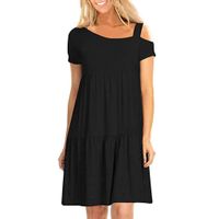 Women Sexy Mini Dress Solid Asymmetrical Strapless Ruffled Short Sleeve T-Shirt Plain (M, Black)