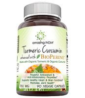 Amazing India Turmeric Curcumin with Bioperine (Made with Organic Tumeric Curcumin) 750 Mg 90 Veggie Capsules (Non-GMO) - Powerful Antioxidant & Antiinflammatory Properties, Supports Heart & Brain
