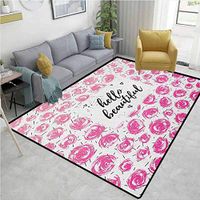 YucouHome Hello Animals Area Rug Office, Hand Lettering Quote on Retro Floral Style Background with Watercolor Buds, Durable Carpet Area Rug - Living Dinning Room Bedroom Rugs and Carpets(6'x 9')