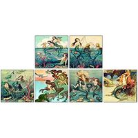 Decorative Matches 6 Square Box Set- Strike Strip on Side of Box- Colored Match Tips- Wooden Matches (Vintage Mermaids)